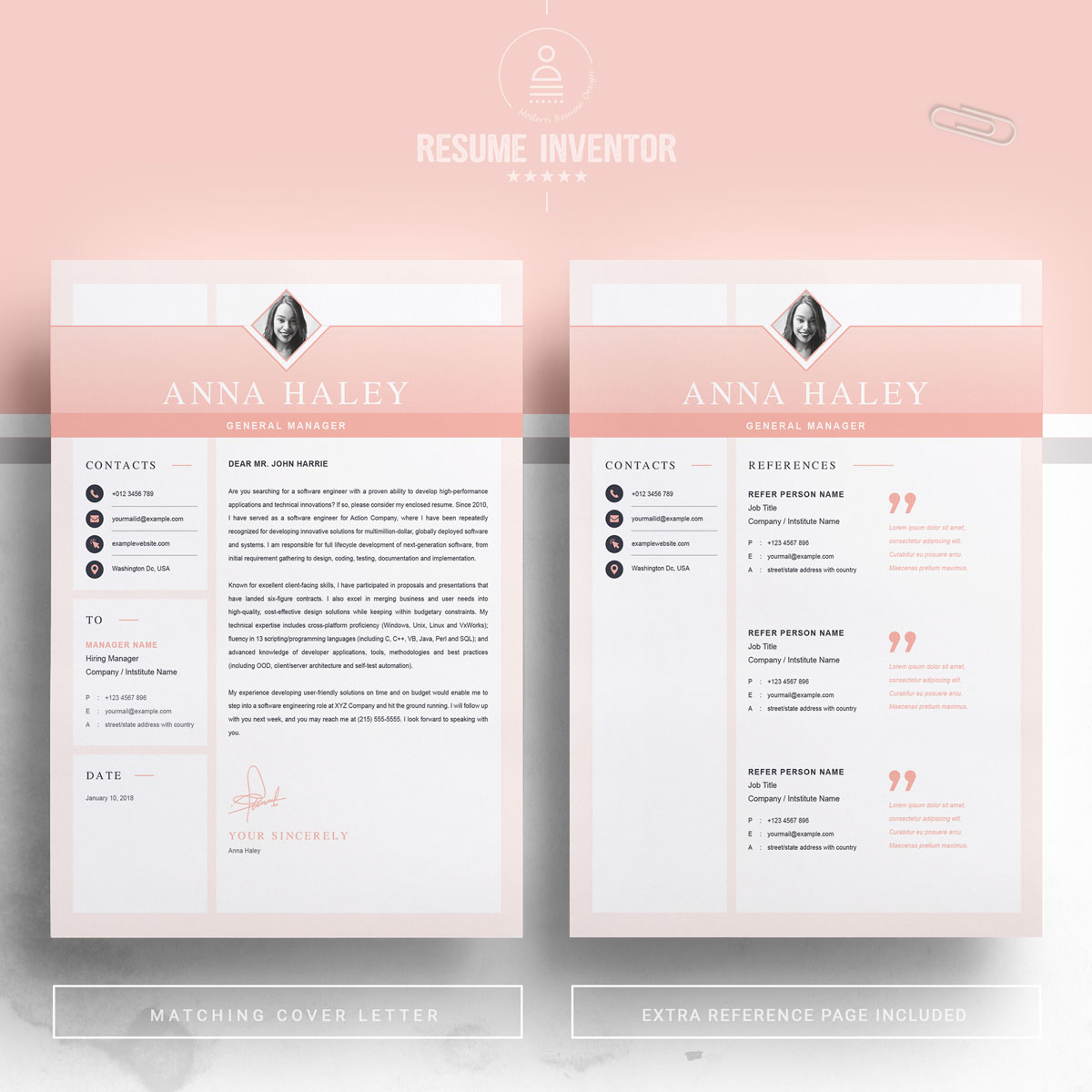 Download Резюме "Anna Resume Template" / Anna Resume Template - Резюме на тему графика 1 page resume 2 clean cv cover letter design template illustrator eps mac pages microsoft word modern photoshop psd professional
