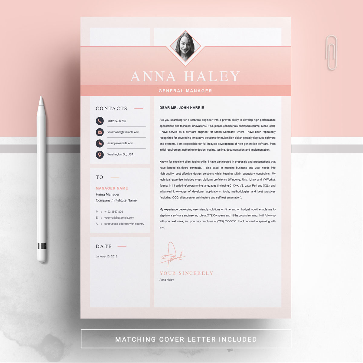 Download Резюме "Anna Resume Template" / Anna Resume Template - Резюме на тему графика 1 page resume 2 clean cv cover letter design template illustrator eps mac pages microsoft word modern photoshop psd professional