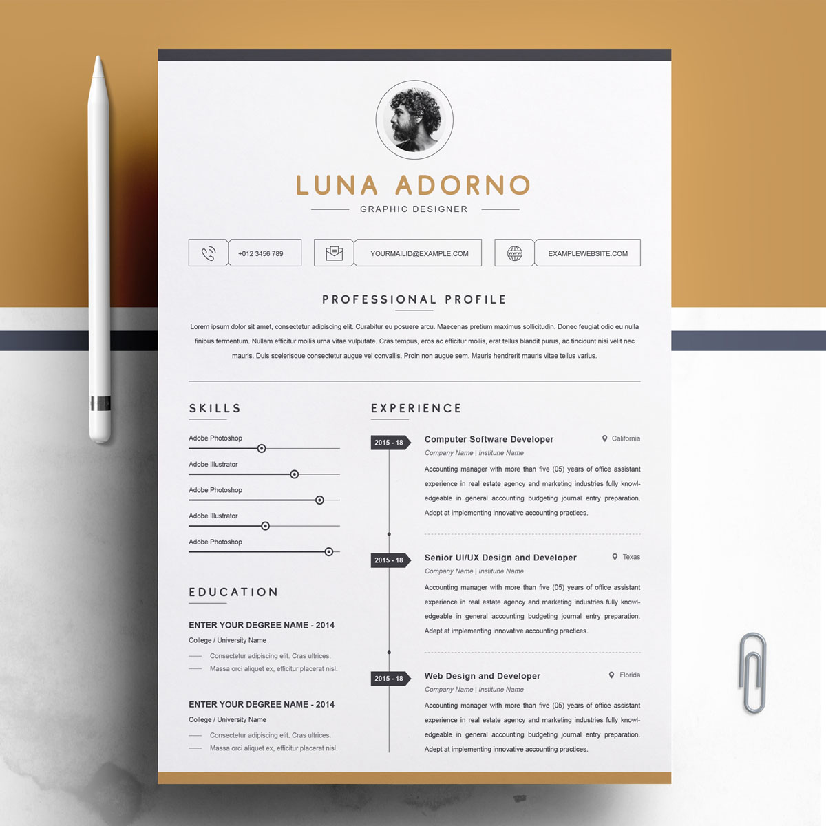 Download Резюме "Luna Adorno Resume Template" / Luna Adorno Resume Template - Резюме на тему графика 1 page resume 2 clean cv cover letter design template illustrator eps mac pages microsoft word modern photoshop psd professional