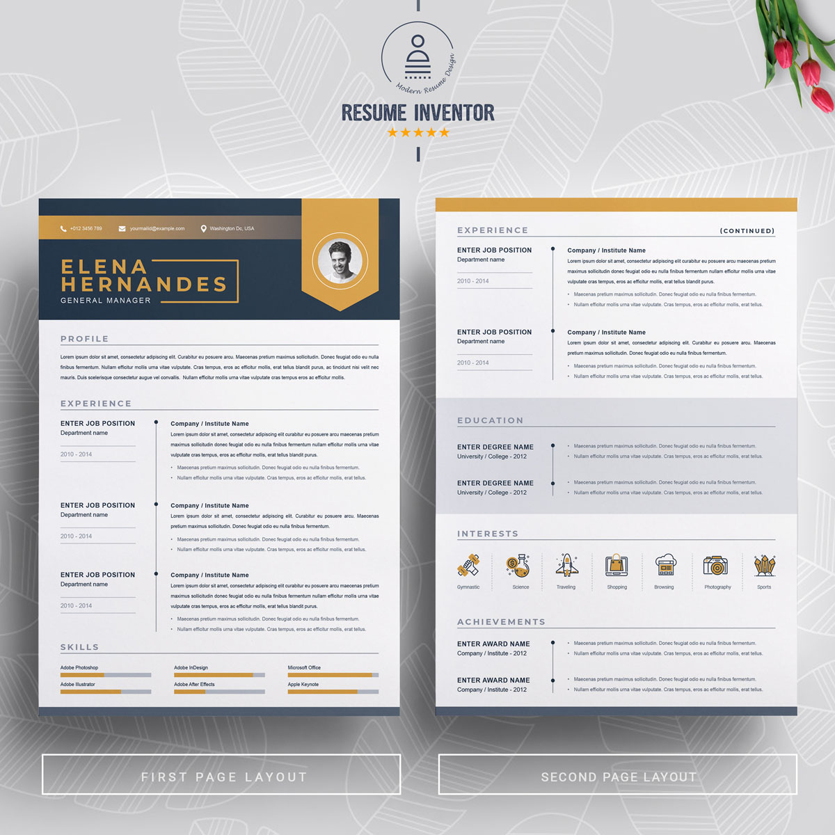 Download Резюме "Elena Resume Template" / Elena Resume Template - Резюме на тему графика 1 page resume 2 clean cv cover letter design template illustrator eps mac pages microsoft word modern photoshop psd professional
