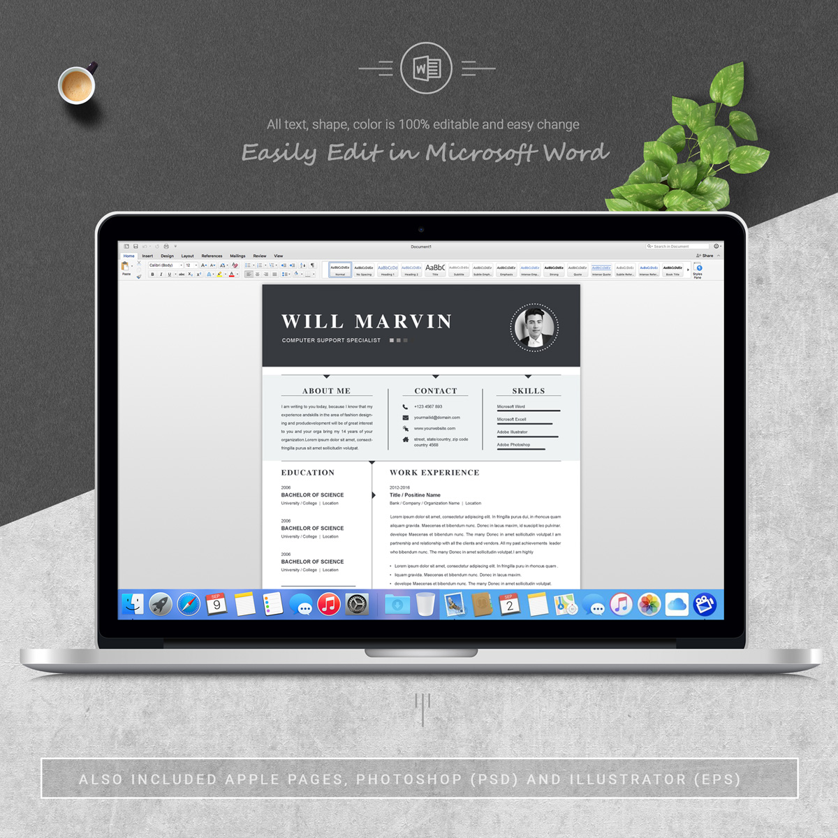 Download Резюме "Will Marvin Resume Template" / Will Marvin Resume Template - Резюме на тему графика 1 page resume 2 clean cv cover letter design template illustrator eps mac pages microsoft word modern photoshop psd professional