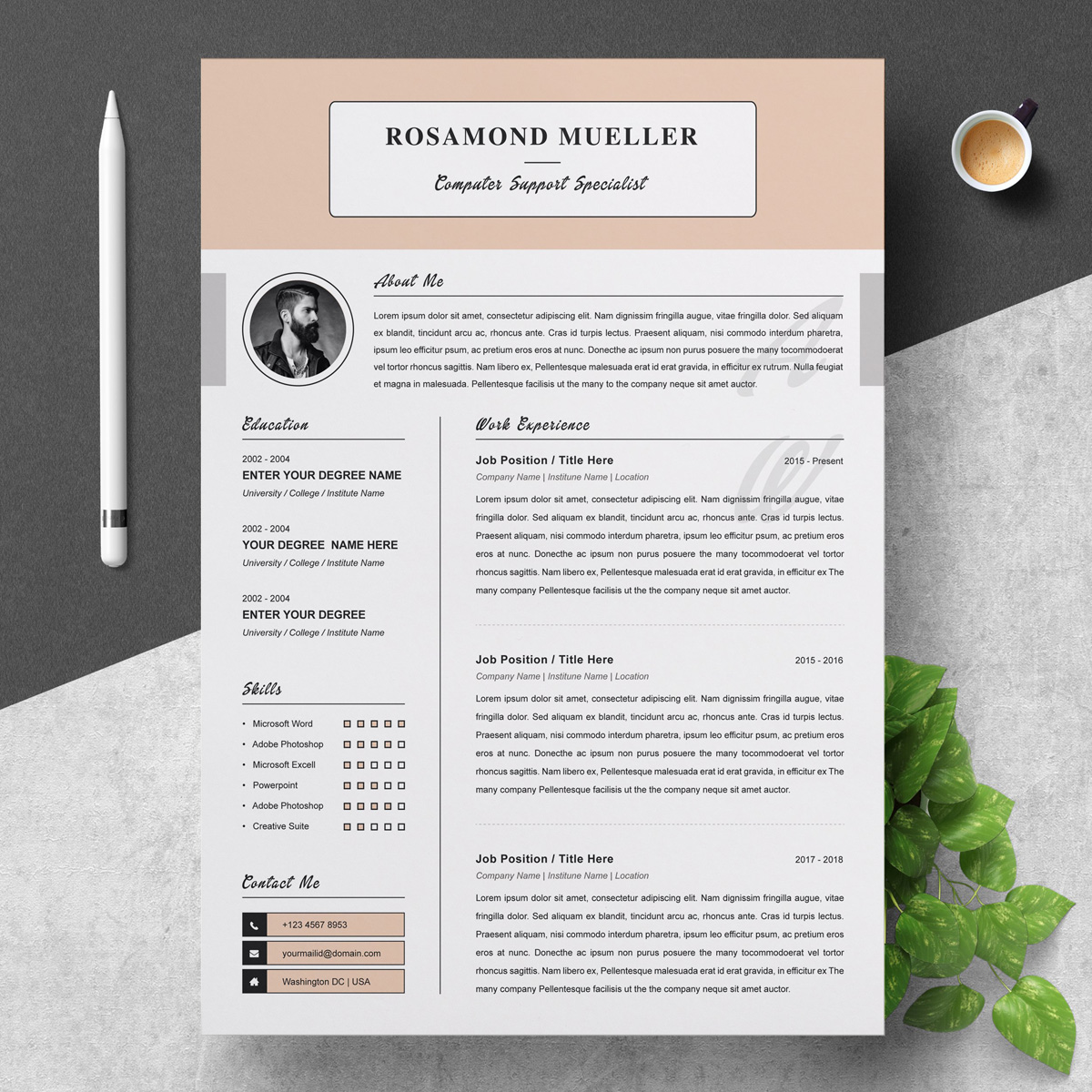 Download Резюме "Rosamond Resume Template" / Rosamond Resume Template - Резюме на тему графика 1 page resume 2 clean cv cover letter design template illustrator eps mac pages microsoft word modern photoshop psd professional