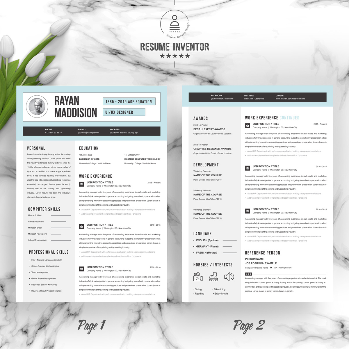 Download Резюме "Rayan Resume Template" / Rayan Resume Template - Резюме на тему графика 1 page resume 2 clean cv cover letter design template illustrator eps mac pages microsoft word modern photoshop psd professional