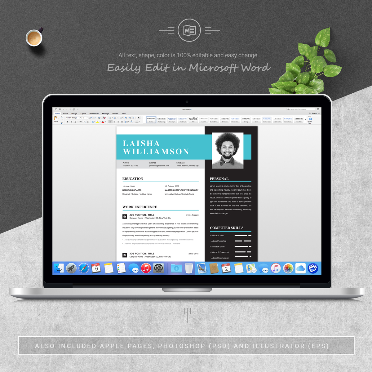 Download Резюме "Laisha Resume Template" / Laisha Resume Template - Резюме на тему графика 1 page resume 2 clean cv cover letter design template illustrator eps mac pages microsoft word modern photoshop psd professional