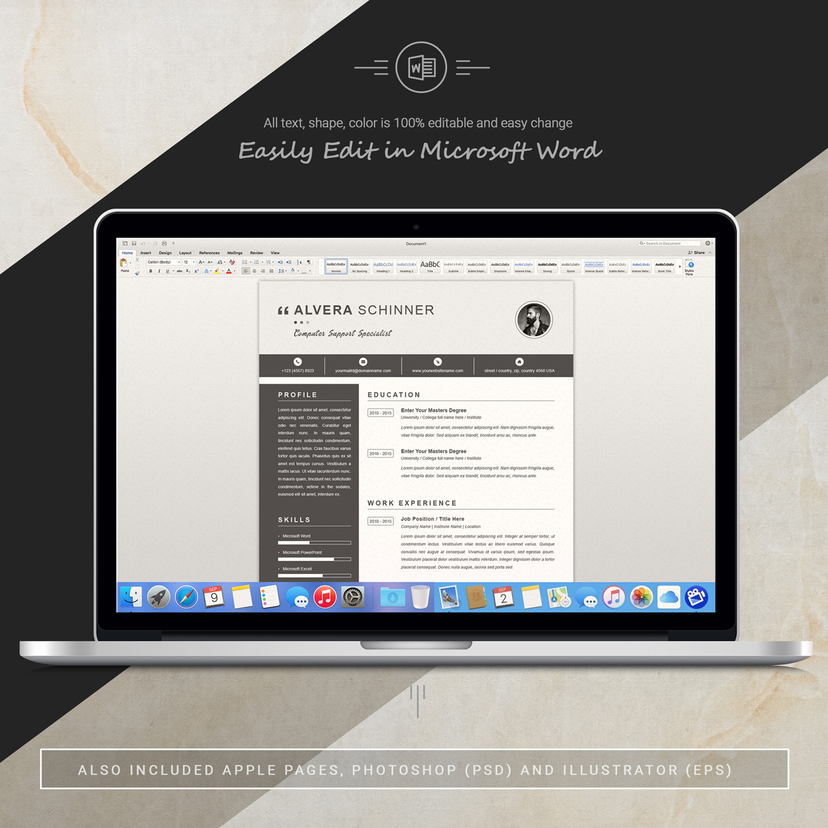 Download Резюме "Alvera Resume Template" / Alvera Resume Template - Резюме на тему графика 1 page resume 2 clean cv cover letter design template illustrator eps mac pages microsoft word modern photoshop psd professional