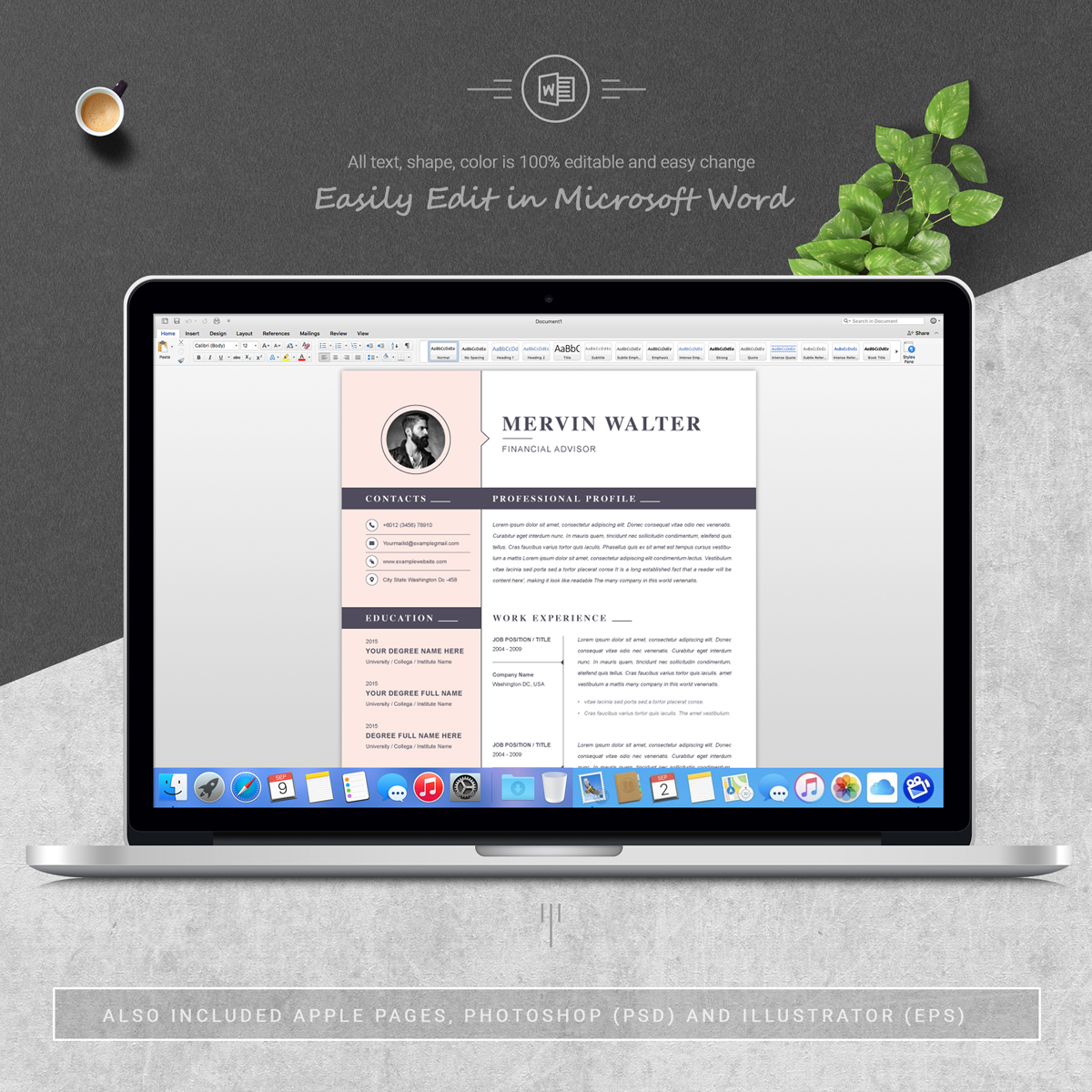 Download Резюме "Mervin Resume Template" / Mervin Resume Template - Резюме на тему графика 1 page resume 2 clean cv cover letter design template illustrator eps mac pages microsoft word modern photoshop psd professional
