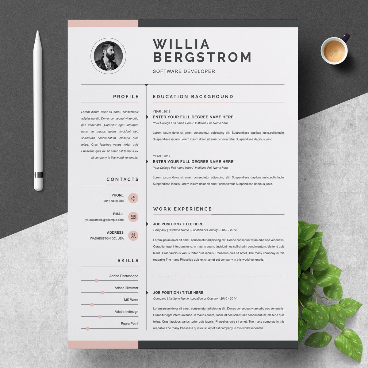 Download Резюме "Willia Resume Template" / Willia Resume Template - Резюме на тему графика page resume 2 clean cv cover letter design template illustrator eps mac pages microsoft word modern photoshop psd professional resume