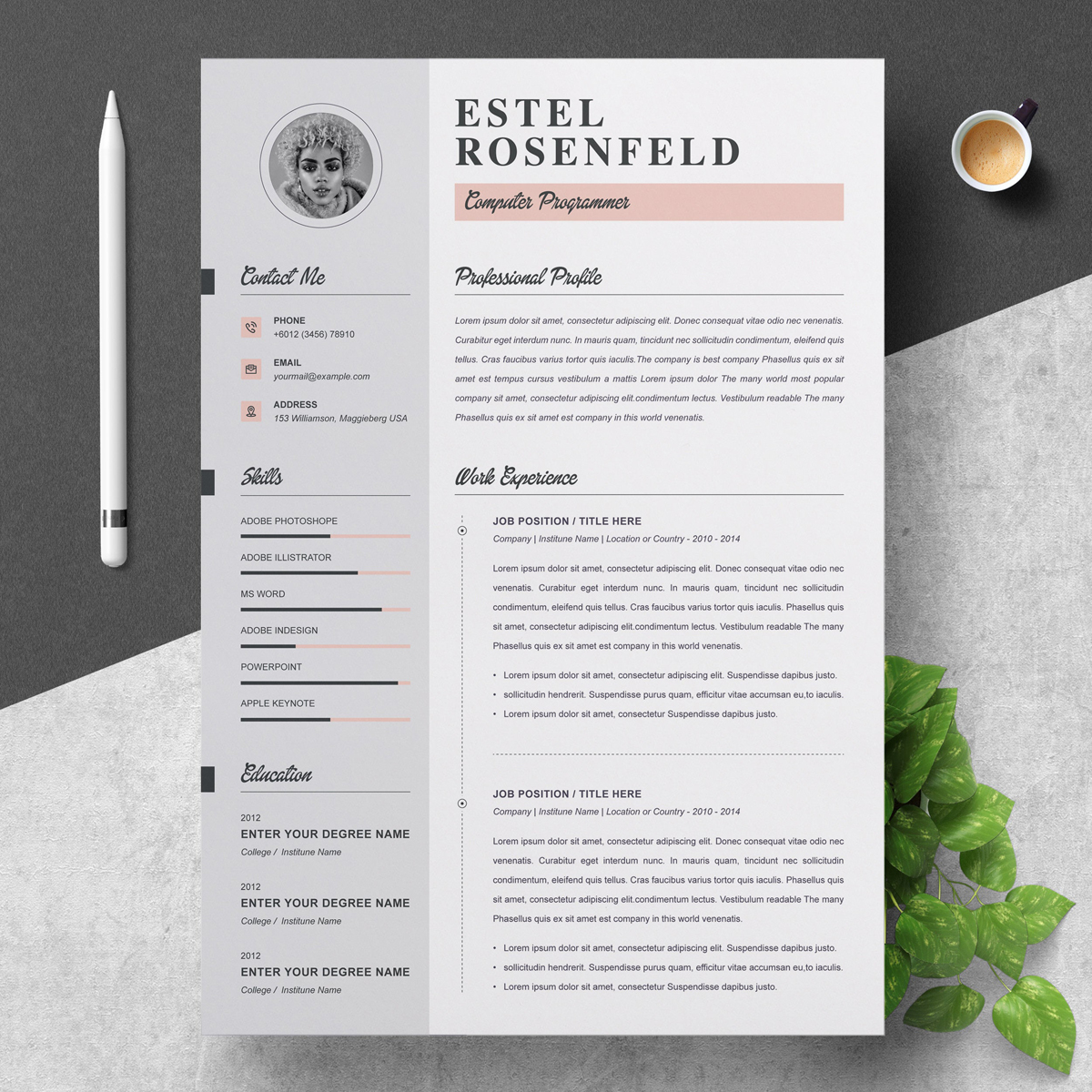 Download Резюме "Estel Resume Template" / Estel Resume Template - Резюме на тему графика page resume 2 clean cv cover letter design template illustrator eps mac pages microsoft word modern photoshop psd professional