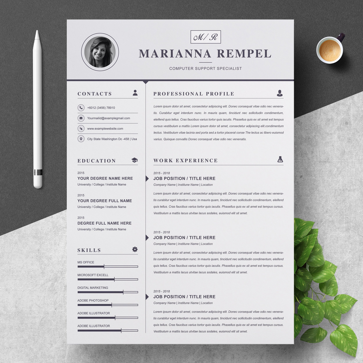 Download Резюме "Marianna Resume Template" / Marianna Resume Template - Резюме на тему графика page resume 2 clean cv cover letter design template illustrator eps mac pages microsoft word modern photoshop psd professional