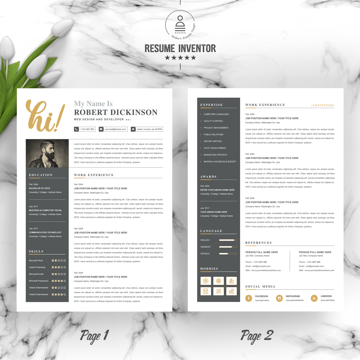 Download Резюме "Robert Resume Template" / Robert Resume Template - Резюме на тему графика page resume 2 clean cv cover letter design template illustrator eps mac pages microsoft word modern photoshop psd professional resume