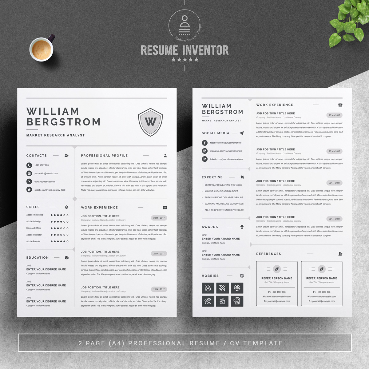 Download Резюме "William Resume Template" / William Resume Template - Резюме на тему графика 1 page resume 2 clean cv cover letter design template illustrator eps mac pages microsoft word modern photoshop psd professional