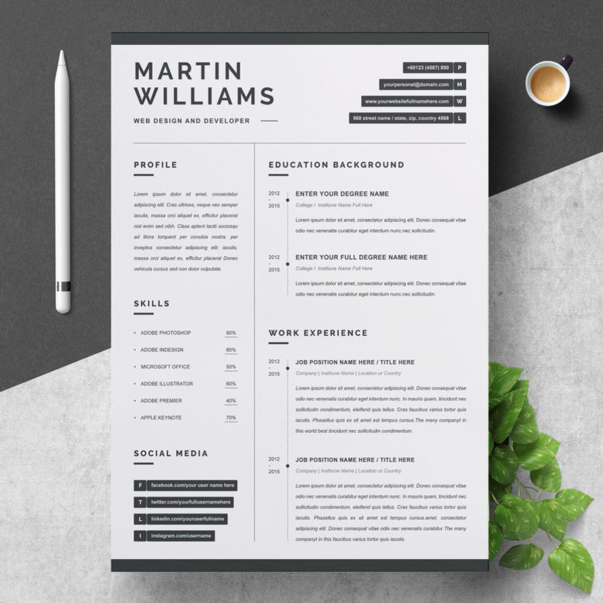 Download Резюме "Martin Resume Template" / Martin Resume Template - Резюме на тему графика 1 page resume 2 clean cv cover letter design template illustrator eps mac pages microsoft word modern photoshop psd professional