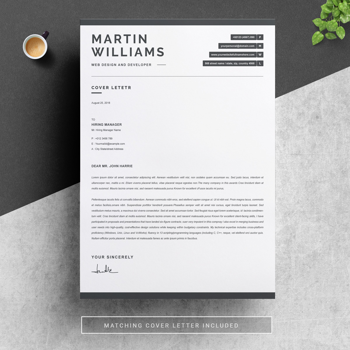 Download Резюме "Martin Resume Template" / Martin Resume Template - Резюме на тему графика 1 page resume 2 clean cv cover letter design template illustrator eps mac pages microsoft word modern photoshop psd professional