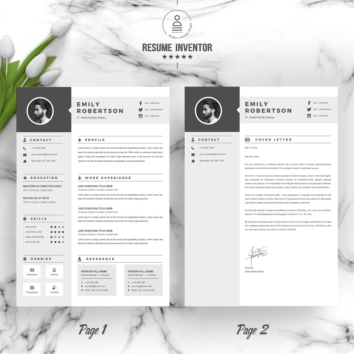 Download Резюме "Emily Resume Template" / Emily Resume Template - Резюме на тему графика resume 2 page clean cv cover letter design template illustrator eps mac pages microsoft word modern photoshop psd professional