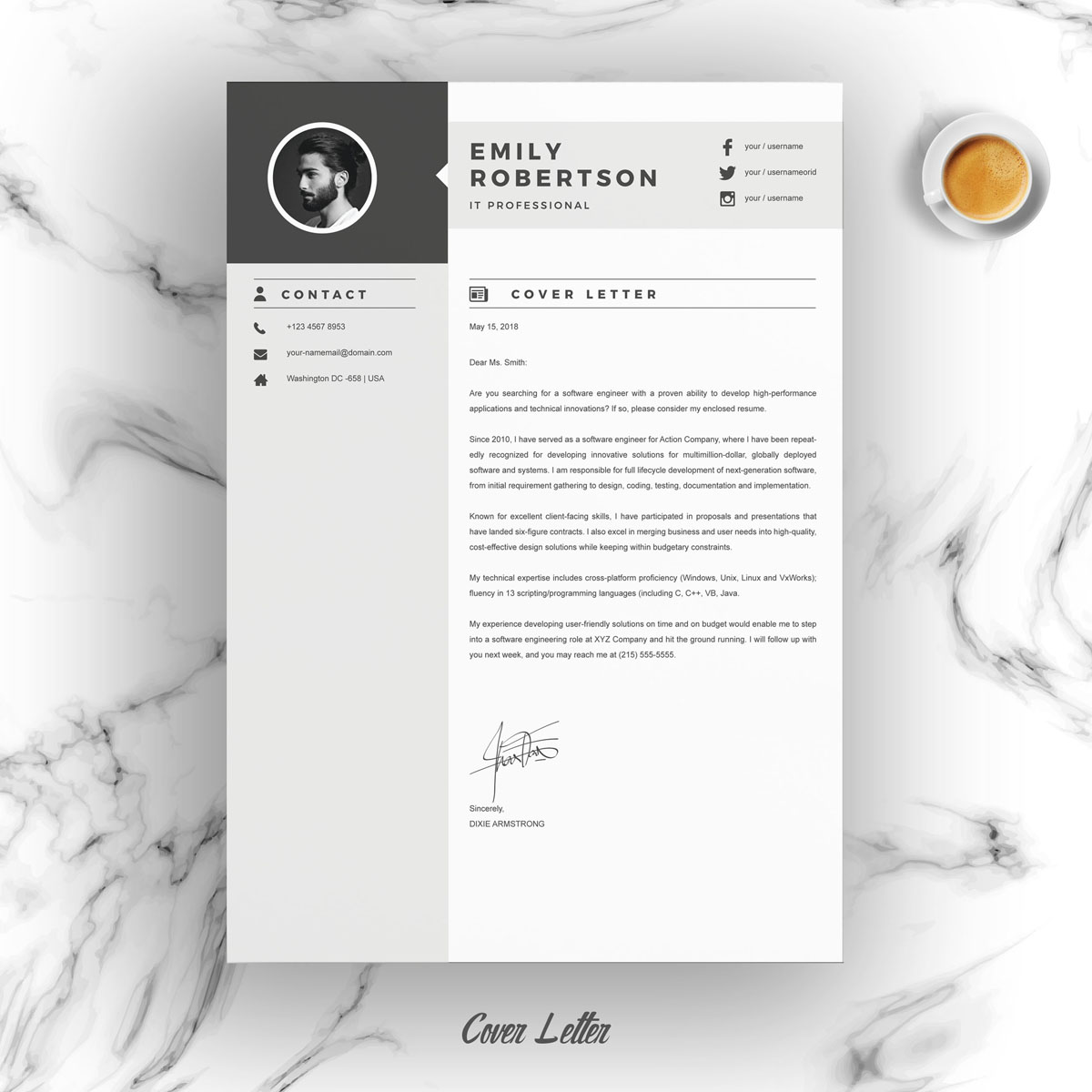 Download Резюме "Emily Resume Template" / Emily Resume Template - Резюме на тему графика resume 2 page clean cv cover letter design template illustrator eps mac pages microsoft word modern photoshop psd professional