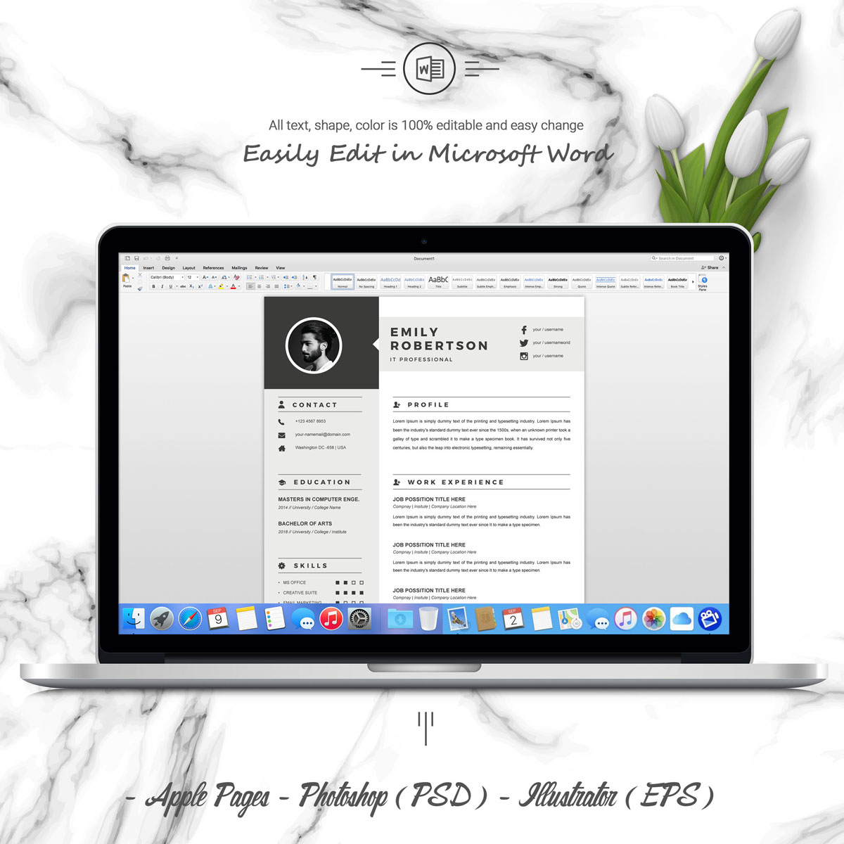 Download Резюме "Emily Resume Template" / Emily Resume Template - Резюме на тему графика resume 2 page clean cv cover letter design template illustrator eps mac pages microsoft word modern photoshop psd professional