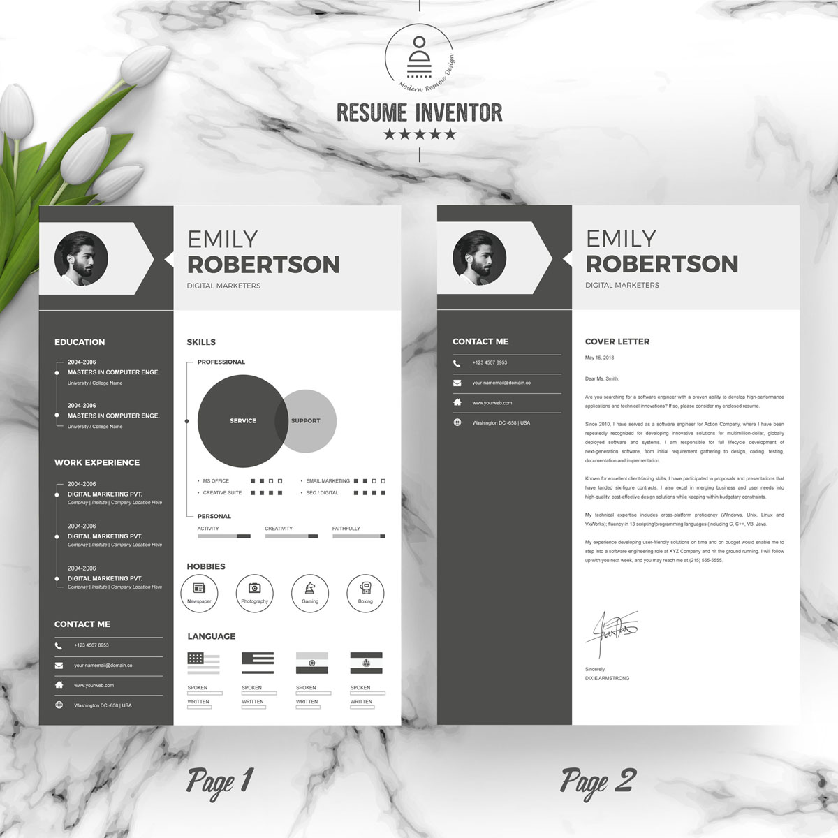 Download Резюме "Emily Resume Template" / Emily Resume Template - Резюме на тему графика 1 page resume 2 clean cv cover letter design template illustrator eps mac pages microsoft word modern photoshop psd professional