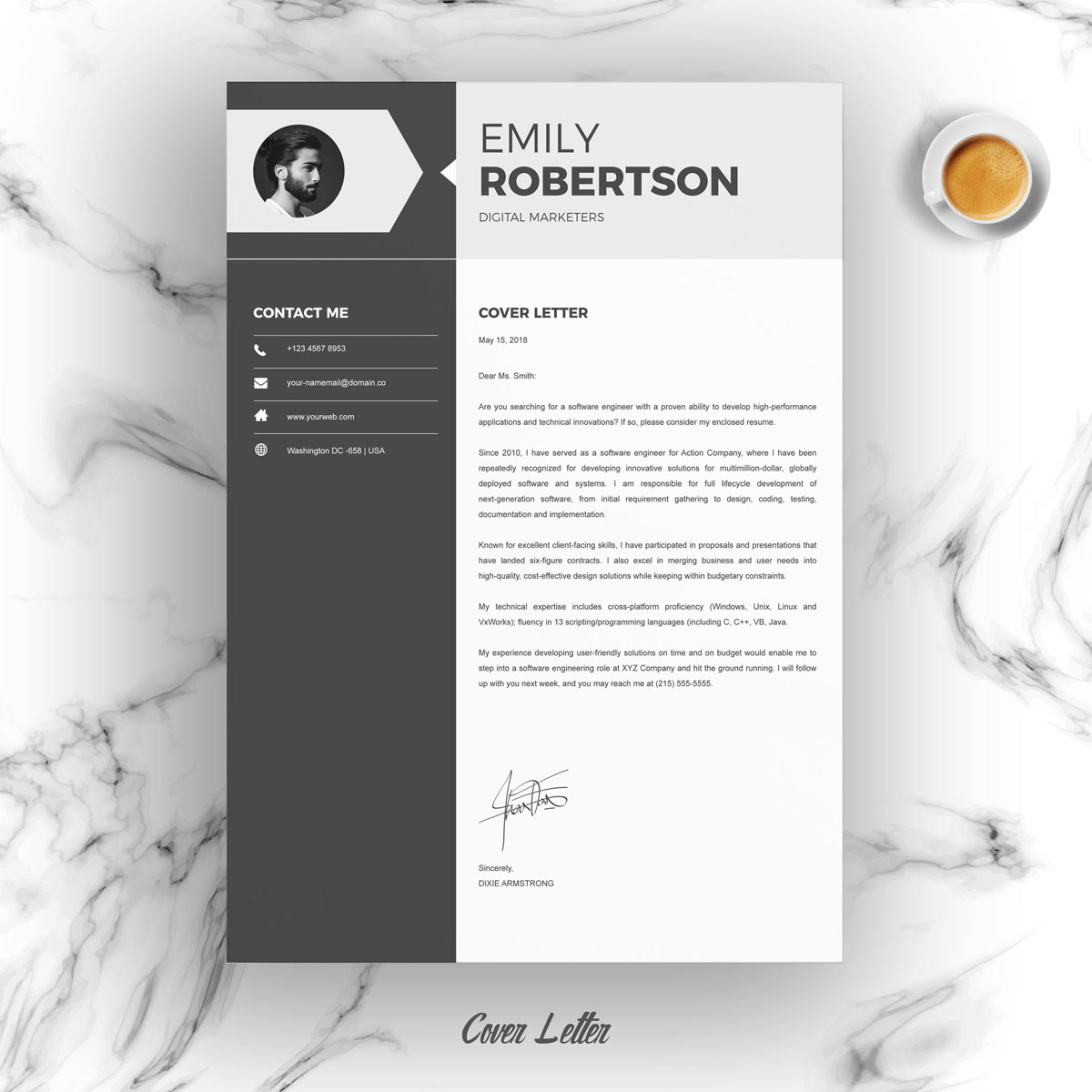 Download Резюме "Emily Resume Template" / Emily Resume Template - Резюме на тему графика 1 page resume 2 clean cv cover letter design template illustrator eps mac pages microsoft word modern photoshop psd professional