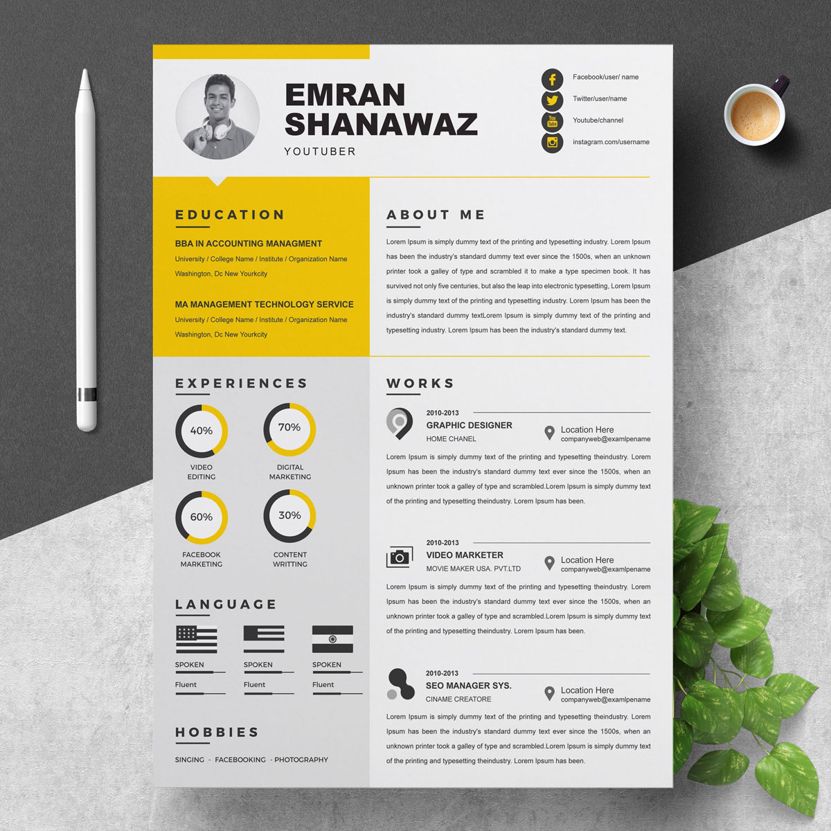 Download Резюме "Emran Resume Template" / Emran Resume Template - Резюме на тему графика resume 2 page clean cv cover letter design template illustrator eps mac pages microsoft word modern photoshop psd professional