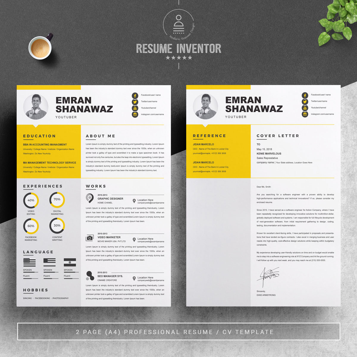 Download Резюме "Emran Resume Template" / Emran Resume Template - Резюме на тему графика resume 2 page clean cv cover letter design template illustrator eps mac pages microsoft word modern photoshop psd professional