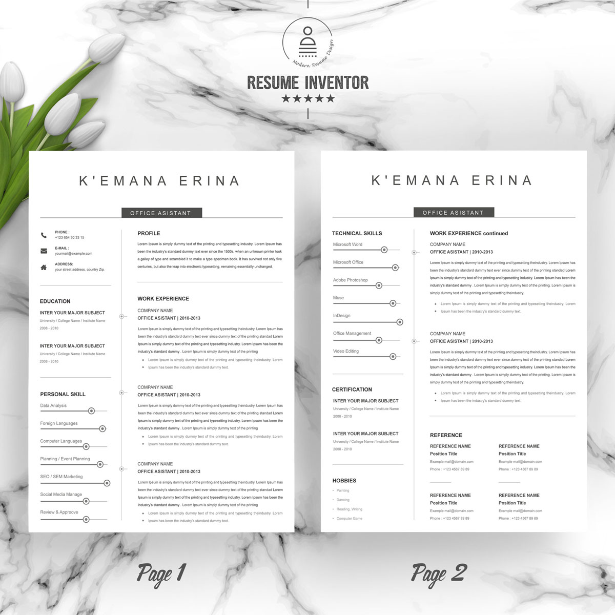 Download Резюме "Kemana Resume Template" / Kemana Resume Template - Резюме на тему графика resume 2 page clean cv cover letter design template illustrator eps mac pages microsoft word modern photoshop psd professional