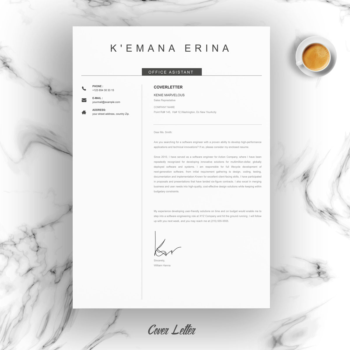 Download Резюме "Kemana Resume Template" / Kemana Resume Template - Резюме на тему графика resume 2 page clean cv cover letter design template illustrator eps mac pages microsoft word modern photoshop psd professional