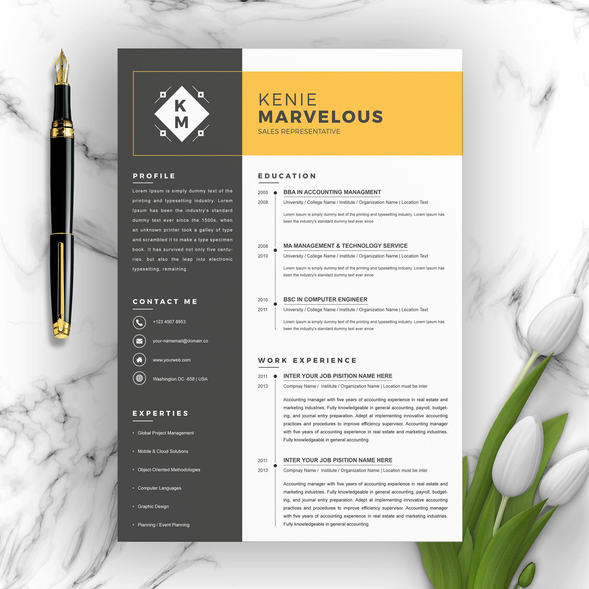 Download Резюме "Kenie Resume Template" / Kenie Resume Template - Резюме на тему графика resume 2 page clean cv cover letter design template illustrator eps mac pages microsoft word modern photoshop psd professional