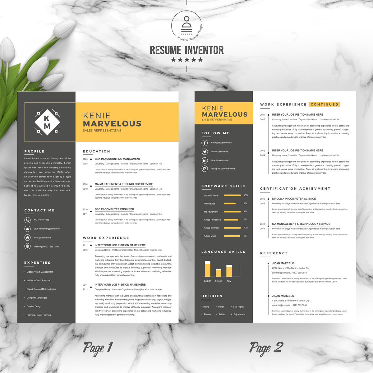Download Резюме "Kenie Resume Template" / Kenie Resume Template - Резюме на тему графика resume 2 page clean cv cover letter design template illustrator eps mac pages microsoft word modern photoshop psd professional