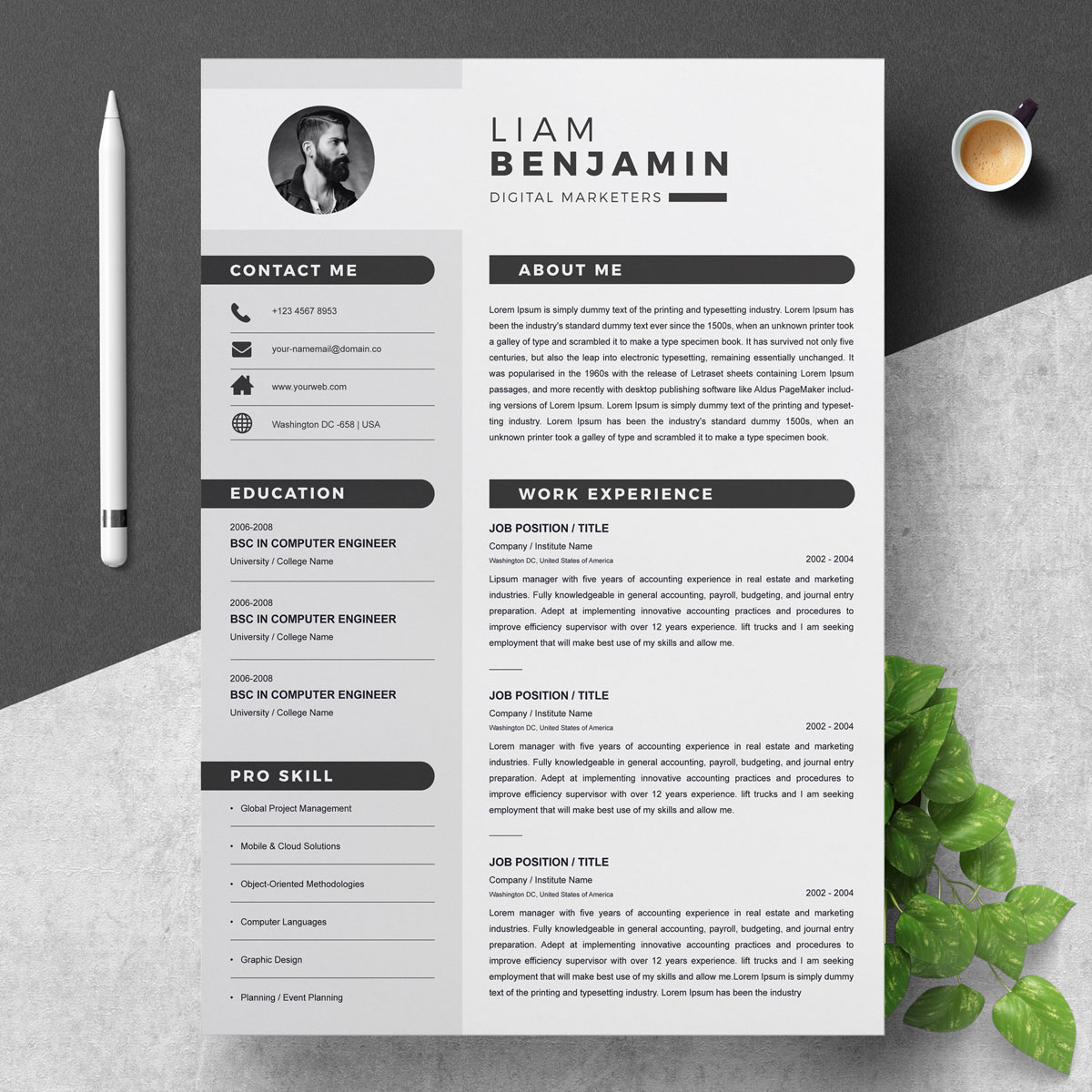Download Резюме "Liam Resume Template" / Liam Resume Template - Резюме на тему графика resume 2 page clean cv cover letter design template illustrator eps mac pages microsoft word modern photoshop psd professional