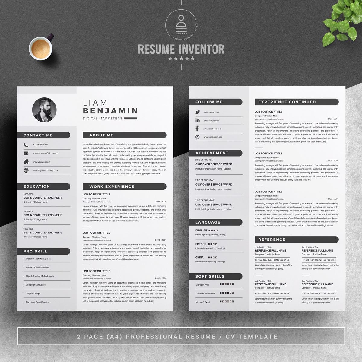 Download Резюме "Liam Resume Template" / Liam Resume Template - Резюме на тему графика resume 2 page clean cv cover letter design template illustrator eps mac pages microsoft word modern photoshop psd professional