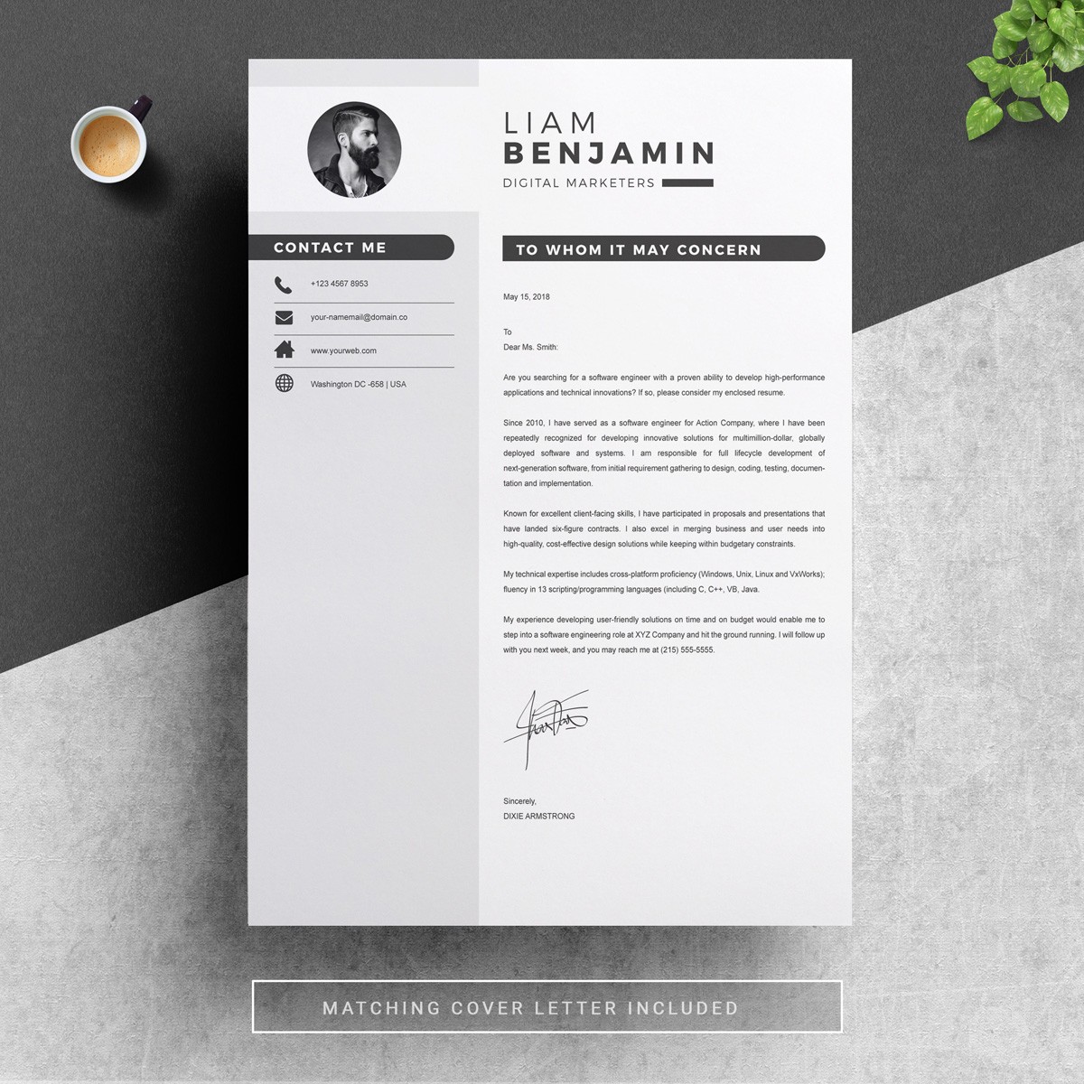 Download Резюме "Liam Resume Template" / Liam Resume Template - Резюме на тему графика resume 2 page clean cv cover letter design template illustrator eps mac pages microsoft word modern photoshop psd professional