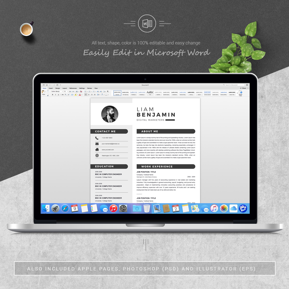 Download Резюме "Liam Resume Template" / Liam Resume Template - Резюме на тему графика resume 2 page clean cv cover letter design template illustrator eps mac pages microsoft word modern photoshop psd professional