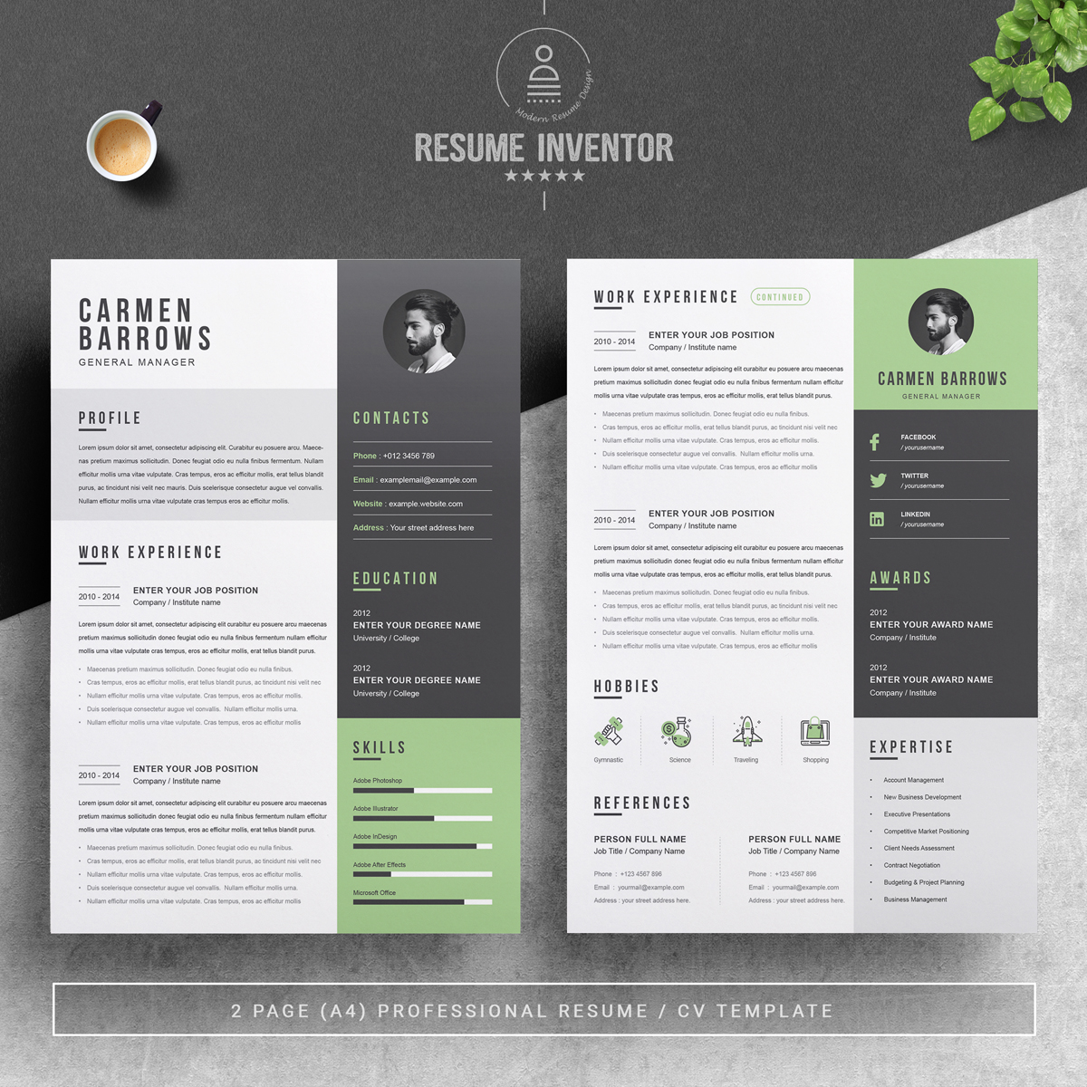 Download Резюме "Carmen Resume Template" / Carmen Resume Template - Резюме на тему графика 1 page resume 2 clean cv cover letter design template illustrator eps mac pages microsoft word modern photoshop psd professional