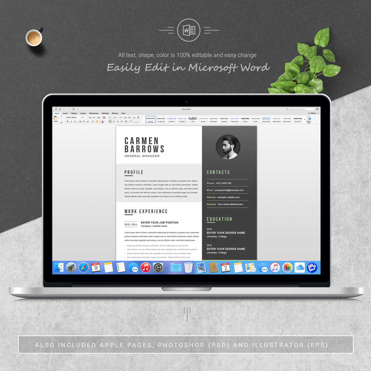 Download Резюме "Carmen Resume Template" / Carmen Resume Template - Резюме на тему графика 1 page resume 2 clean cv cover letter design template illustrator eps mac pages microsoft word modern photoshop psd professional
