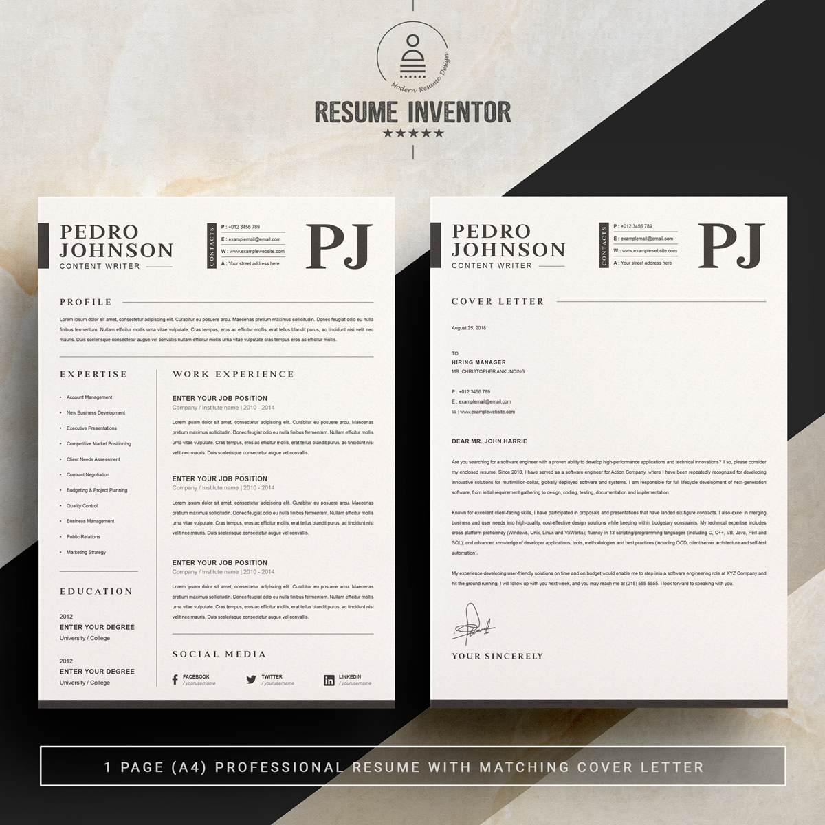 Download Резюме "Pedro Resume Template" / Pedro Resume Template - Резюме на тему графика 1 page resume 2 clean cv cover letter design template illustrator eps mac pages microsoft word modern photoshop psd professional