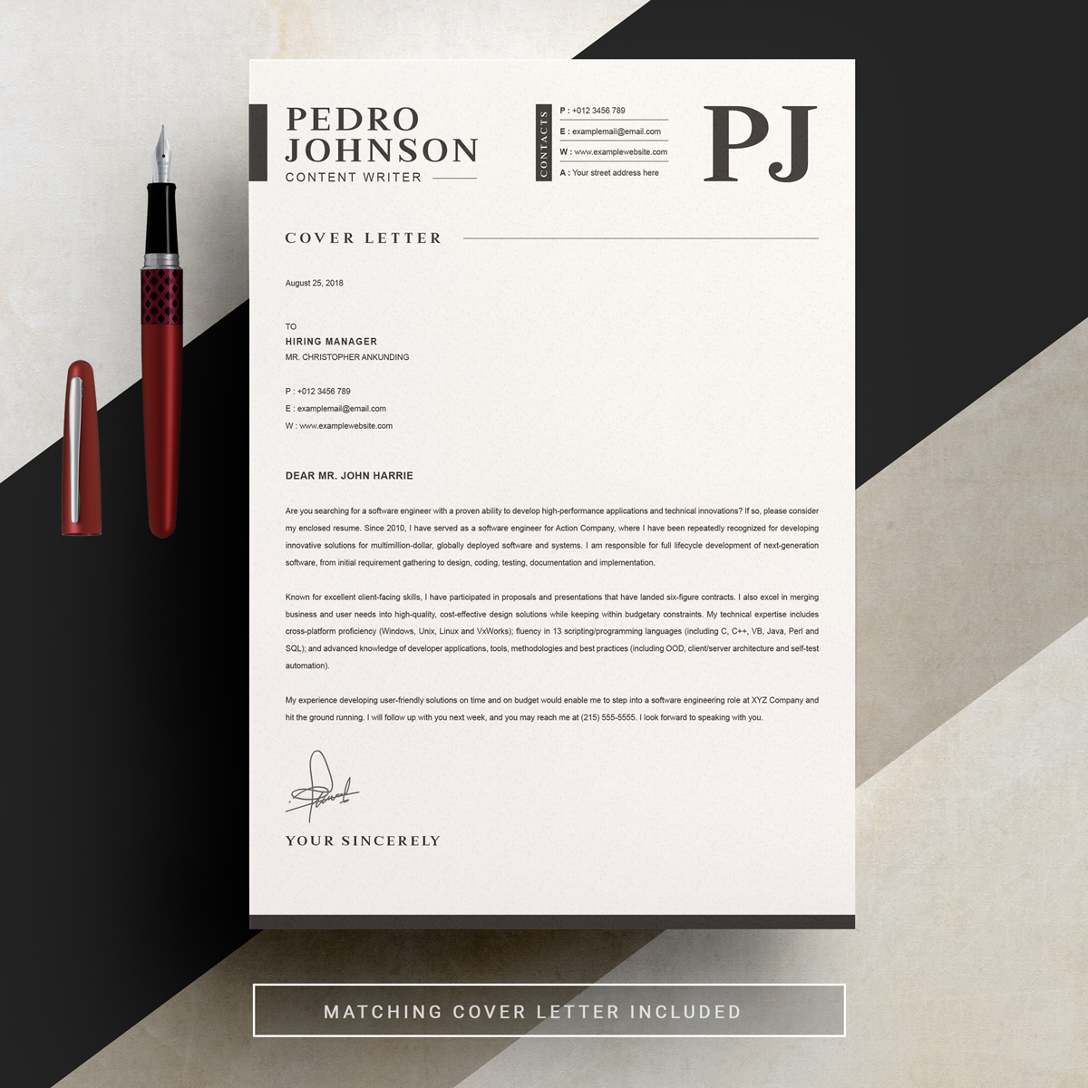 Download Резюме "Pedro Resume Template" / Pedro Resume Template - Резюме на тему графика 1 page resume 2 clean cv cover letter design template illustrator eps mac pages microsoft word modern photoshop psd professional