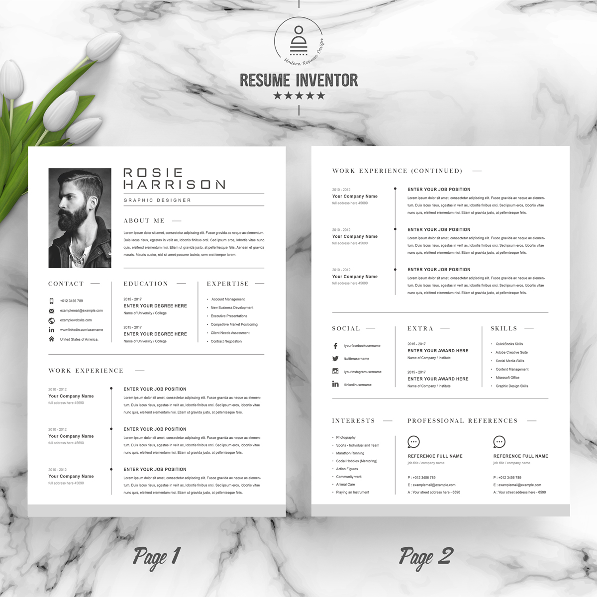 Download Резюме "Rosie Resume Template" / Rosie Resume Template - Резюме на тему графика 1 page resume 2 clean cv cover letter design template illustrator eps mac pages microsoft word modern photoshop psd professional