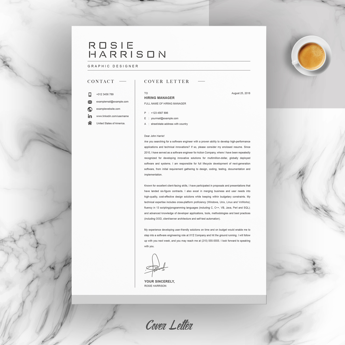 Download Резюме "Rosie Resume Template" / Rosie Resume Template - Резюме на тему графика 1 page resume 2 clean cv cover letter design template illustrator eps mac pages microsoft word modern photoshop psd professional