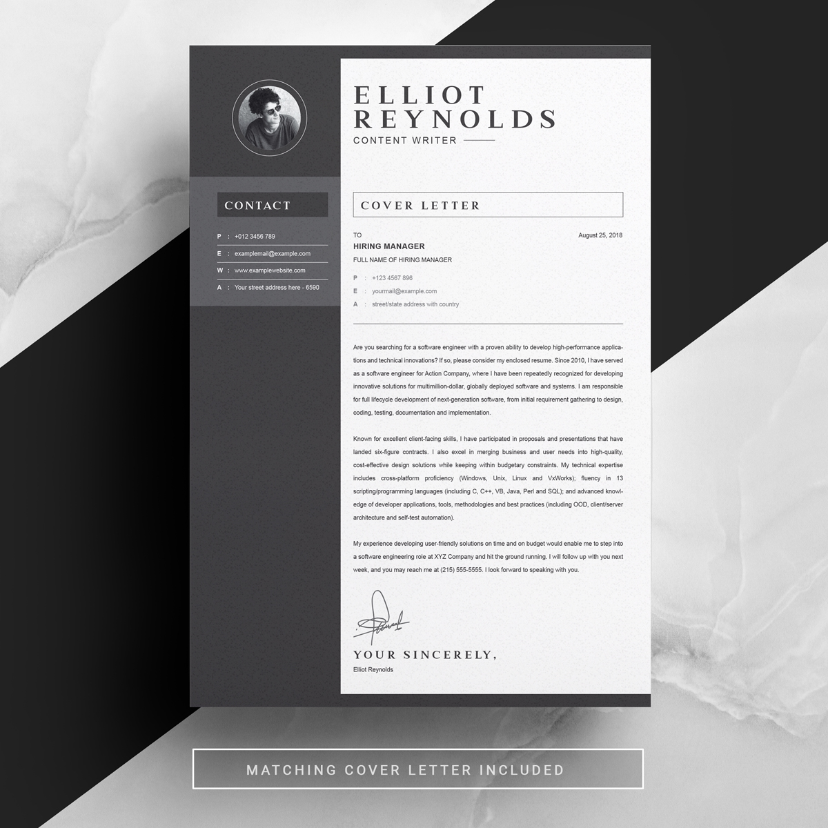 Download Резюме "Elliot Resume Template" / Elliot Resume Template - Резюме на тему графика page resume 2 clean cv cover letter design template illustrator eps mac pages microsoft word modern photoshop psd professional