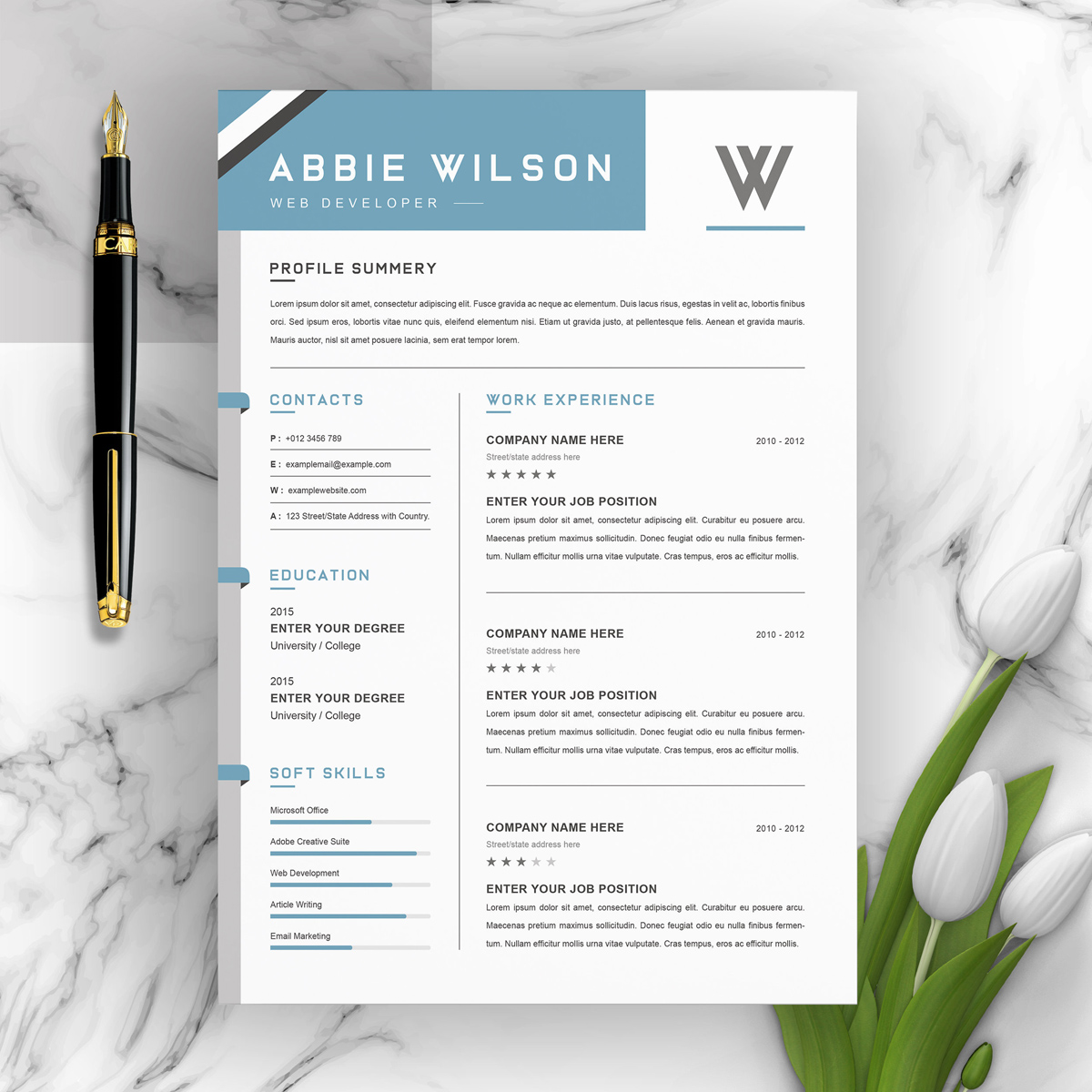 Download Резюме "Abbie Resume Template" / Abbie Resume Template - Резюме на тему графика 1 page resume 2 3 clean cv cover letter creative template curriculum vita free illustrator eps mac pages microsoft word
