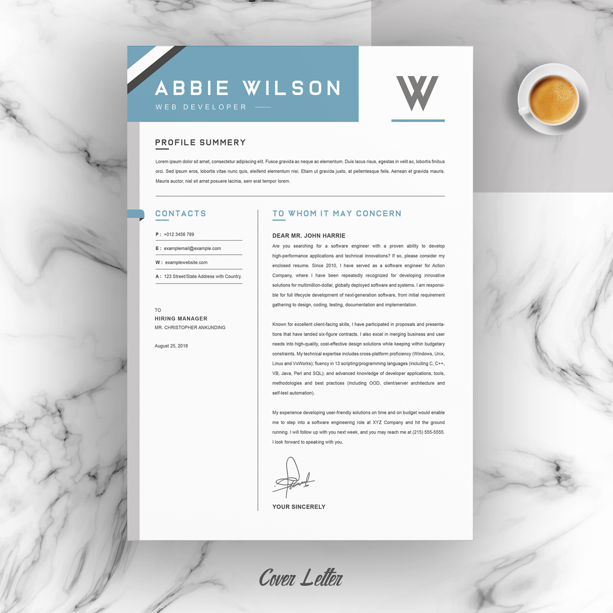 Download Резюме "Abbie Resume Template" / Abbie Resume Template - Резюме на тему графика 1 page resume 2 3 clean cv cover letter creative template curriculum vita free illustrator eps mac pages microsoft word