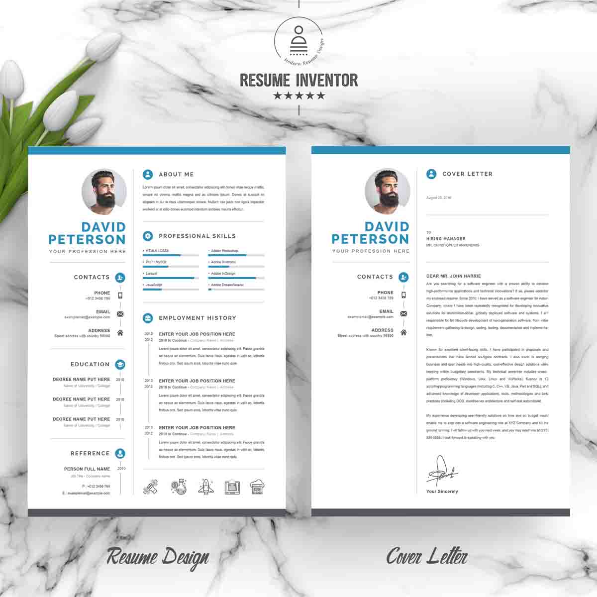 Download Резюме "For David Resume Template" / For David Resume Template - Резюме на тему графика 1 page resume 2 clean cv cover letter design template illustrator eps mac pages microsoft word modern photoshop psd professional