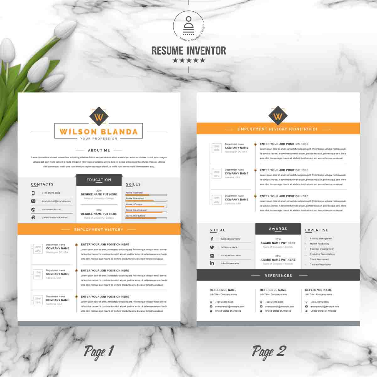 Download Резюме "Wilson Resume Template" / Wilson Resume Template - Резюме на тему графика 1 page resume 2 clean cv cover letter design template illustrator eps mac pages microsoft word modern photoshop psd professional