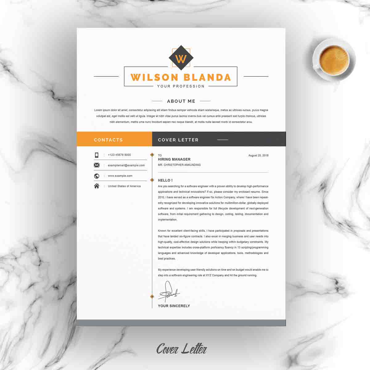 Download Резюме "Wilson Resume Template" / Wilson Resume Template - Резюме на тему графика 1 page resume 2 clean cv cover letter design template illustrator eps mac pages microsoft word modern photoshop psd professional