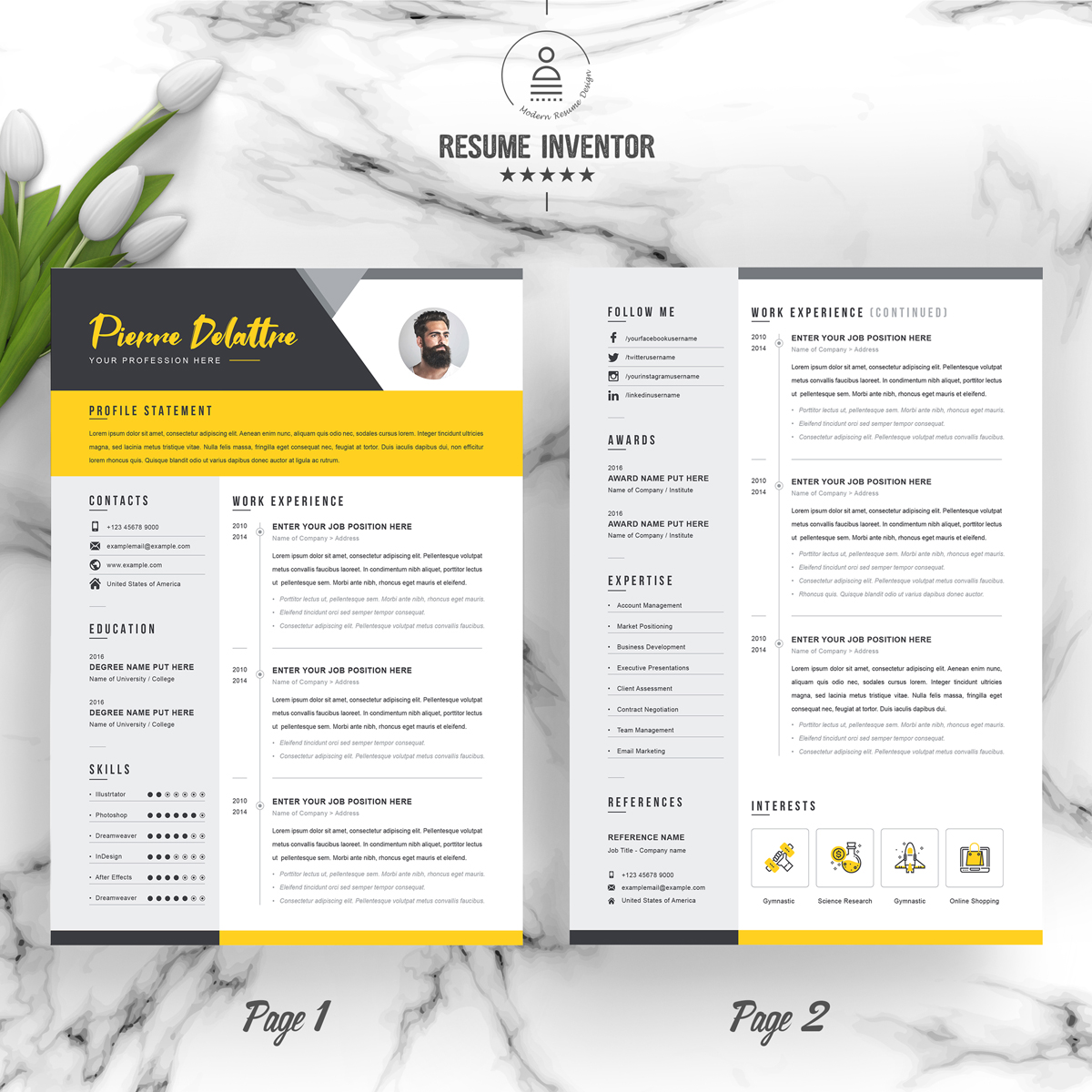 Download Резюме "Yellow for Pierre Delatree Resume Template" / Yellow for Pierre Delatree Resume Template - Резюме на тему графика 1 page resume 2 clean cv cover letter design template illustrator eps mac pages microsoft word modern photoshop psd professional