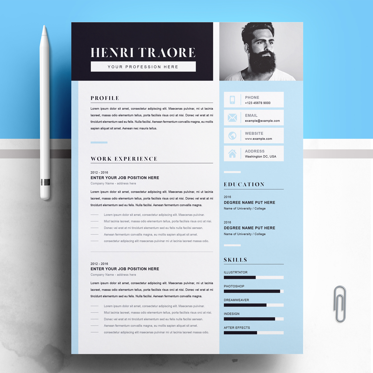 Download Резюме "For Henri Resume Template" / For Henri Resume Template - Резюме на тему графика 1 page resume 2 clean cv cover letter design template illustrator eps mac pages microsoft word modern photoshop psd professional