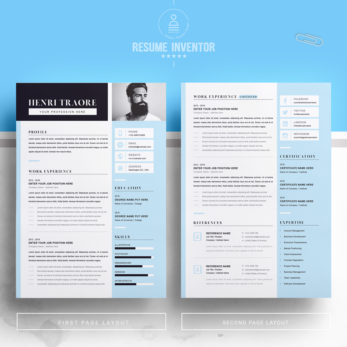 Download Резюме "For Henri Resume Template" / For Henri Resume Template - Резюме на тему графика 1 page resume 2 clean cv cover letter design template illustrator eps mac pages microsoft word modern photoshop psd professional
