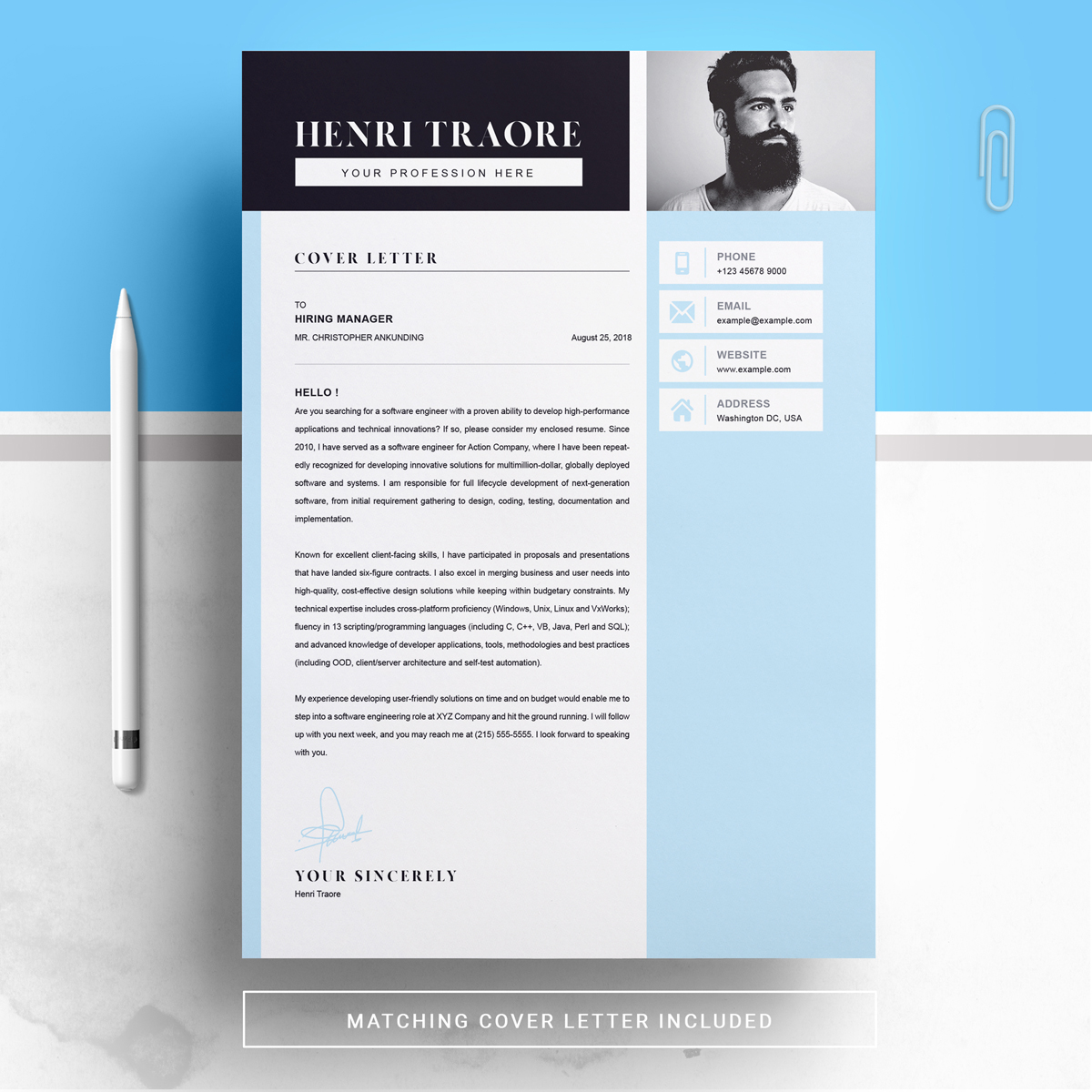 Download Резюме "For Henri Resume Template" / For Henri Resume Template - Резюме на тему графика 1 page resume 2 clean cv cover letter design template illustrator eps mac pages microsoft word modern photoshop psd professional