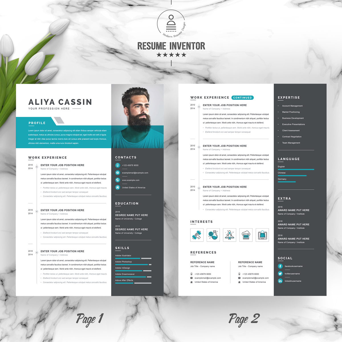 Download Резюме "Aliya Resume Template" / Aliya Resume Template - Резюме на тему графика 1 page resume 2 clean cv cover letter design template illustrator eps mac pages microsoft word modern photoshop psd professional