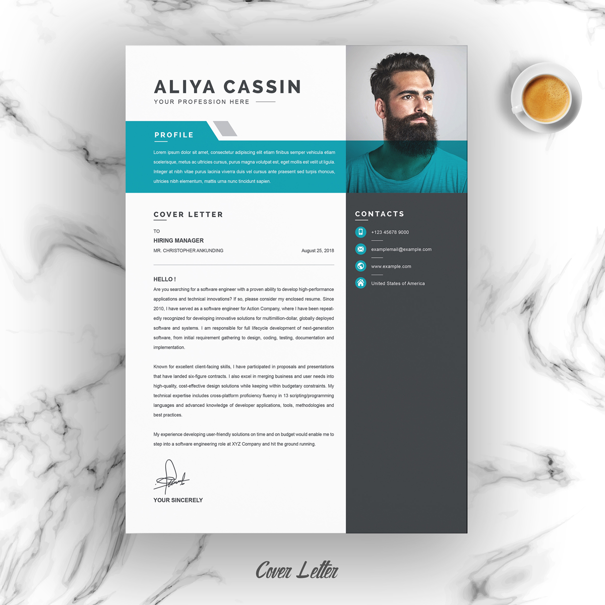 Download Резюме "Aliya Resume Template" / Aliya Resume Template - Резюме на тему графика 1 page resume 2 clean cv cover letter design template illustrator eps mac pages microsoft word modern photoshop psd professional